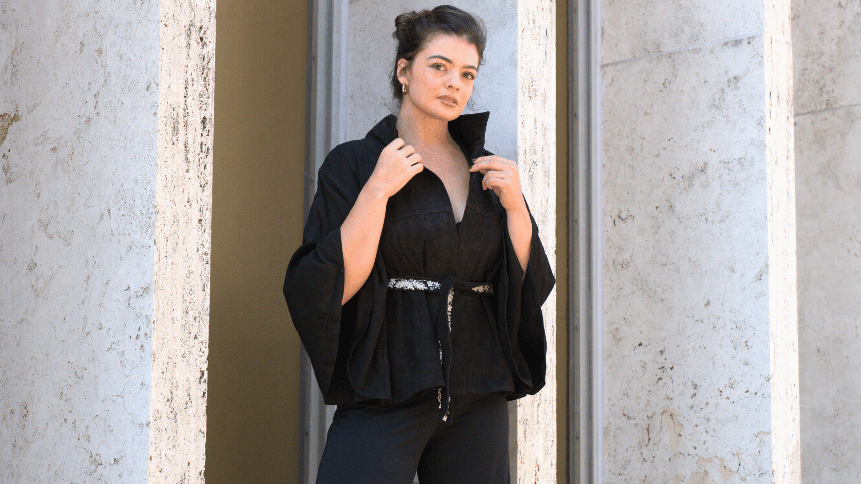 Black Embellished Wrap with Embroidered Belt by Maneesha Ruia